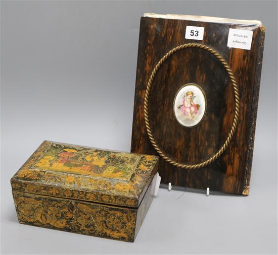 A Regency chinoiserie decorated penwork box and a Victorian coromandel, brass and porcelain mounted desk blotter